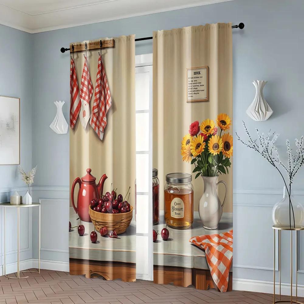 2pcs   Contemporary Curtains  print Kitchenware Painting Durable 100% Polyester Fabric (without rod) Versatile All Use for