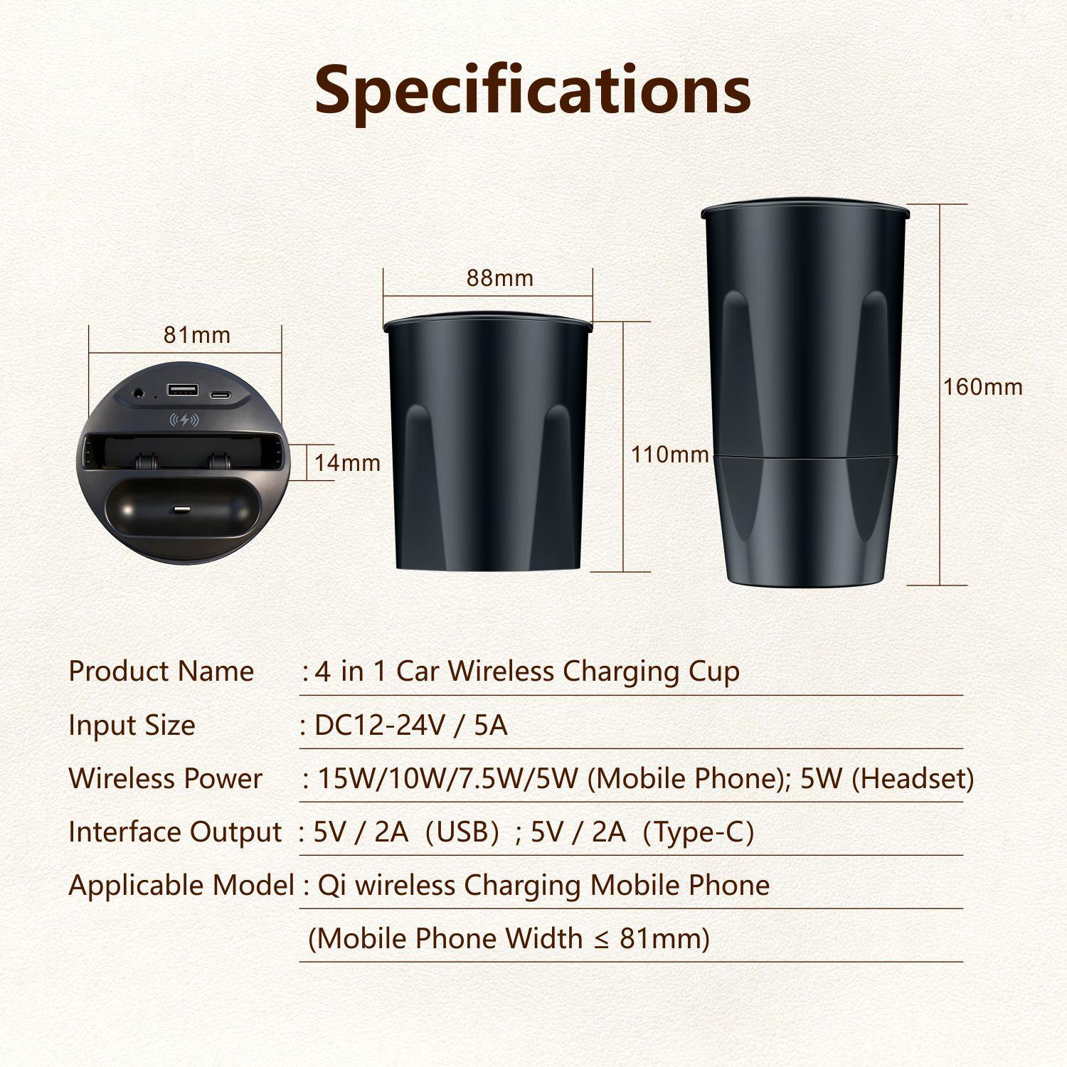 4-in-1 Universal Wireless Car Charger Cup Holder for iPhone Apple Huawei Samsung - Dashboard Mount Fast Charging Stand Universal