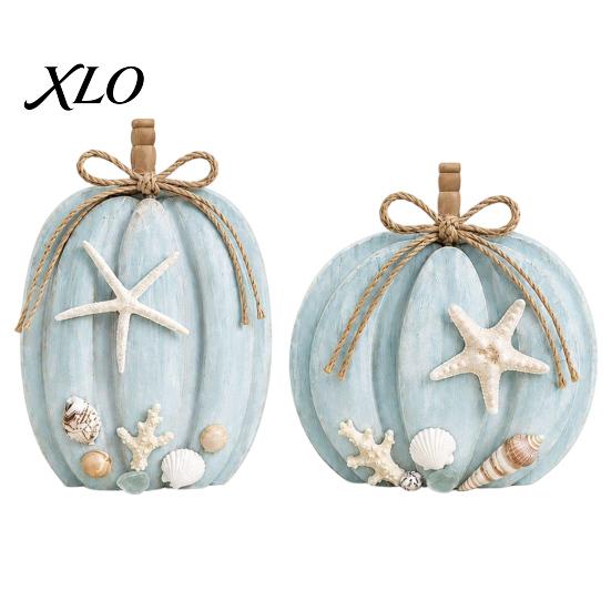 Rustic Farmhouse Style Gift Ideas 2Pcs Coastal Pumpkin Decor, Blue Wood Sign, Fall Seasonal Holiday Tabletop Figurines Table Centerpiece for