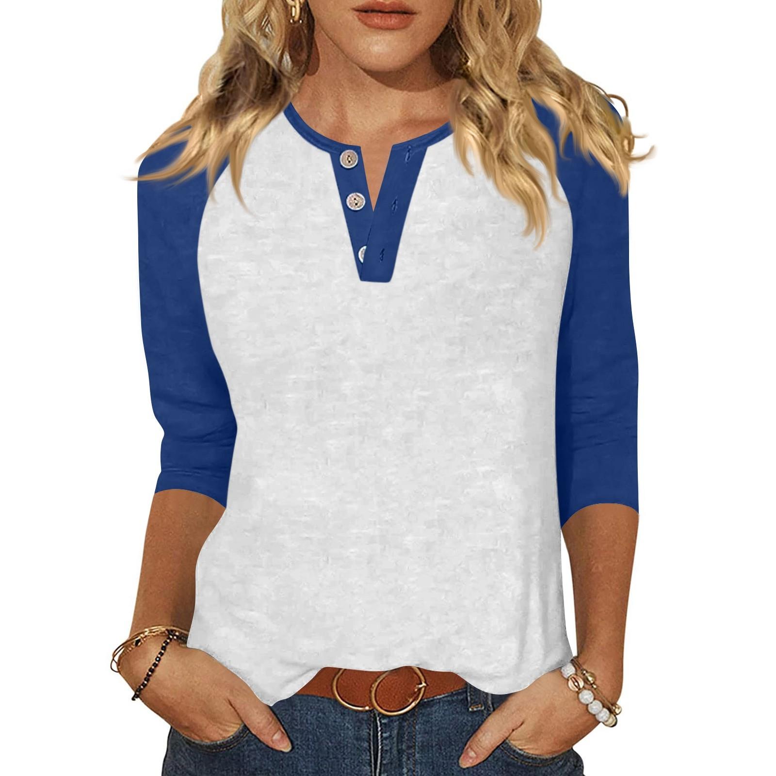 

Жен. Футболка С принтом Пуговицы Рукав 3/4 Повседневные Выходные Мода Классический Классический V-образный вырез Обычный Верх S синий