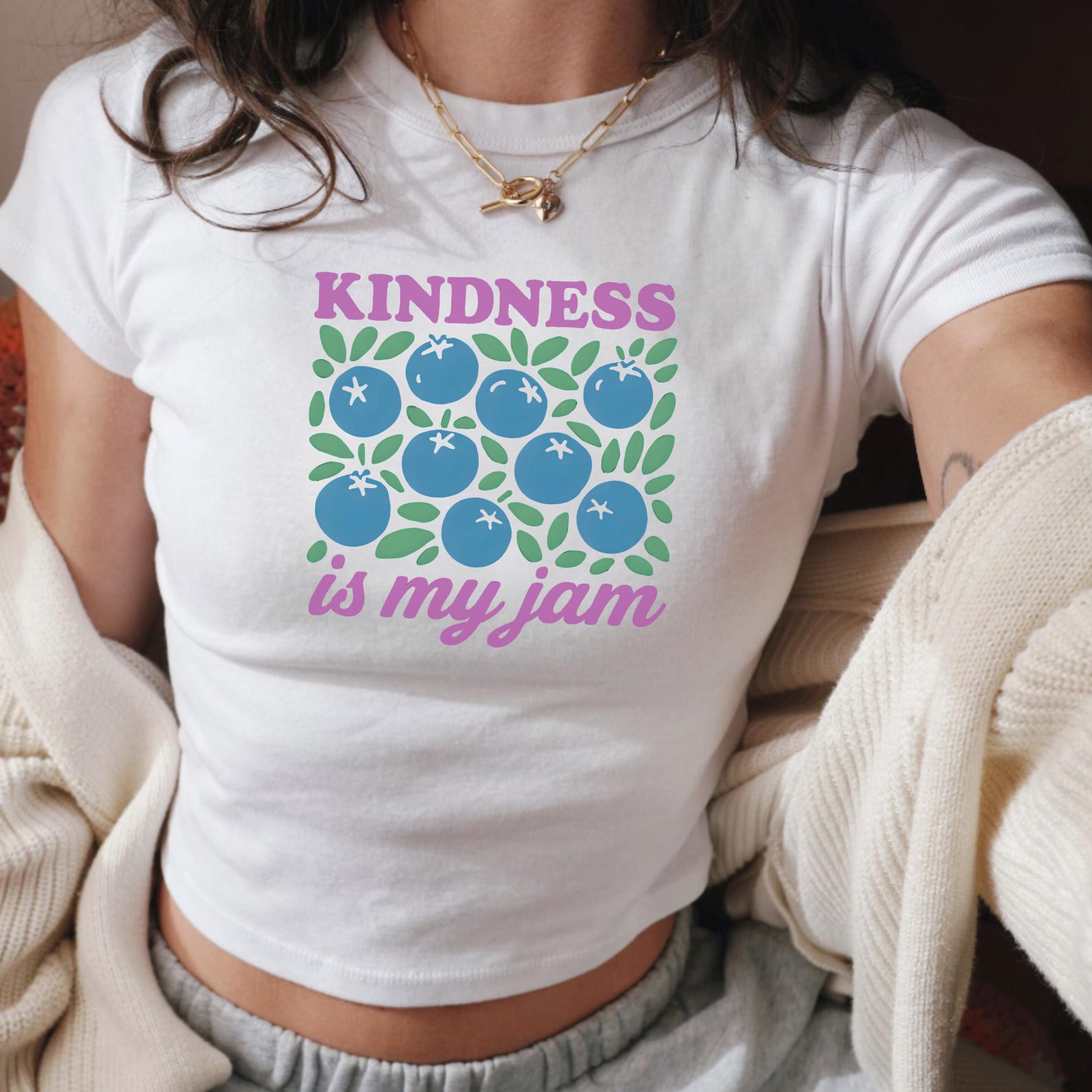 Kindness Baby Tee: Y2K Style Crop Top with Blueberries M