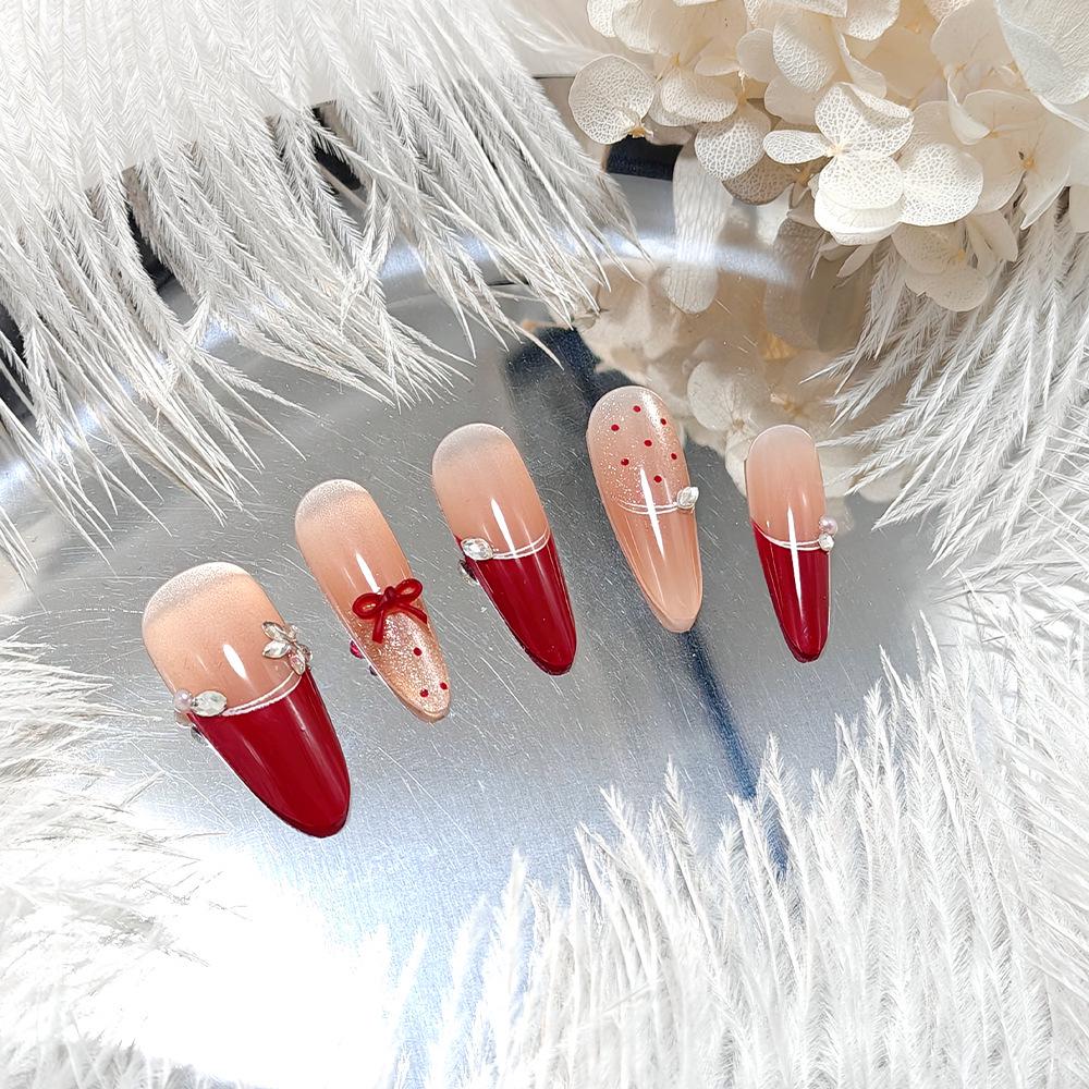 Ankela 3D Red Butterfly Cat Eye French Press-on Nails with Polka Dot Glitter - Long Tips