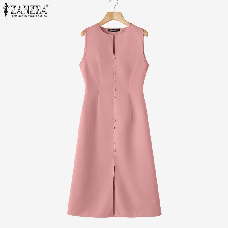 ZANZEA Women Summer Casual Round Neck Sleeveless Plain Dress