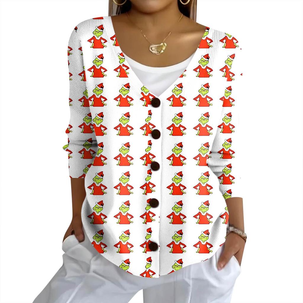 Women's Fashion Casual Knit Sweater Button-Up Christmas Print Cardigan Jacket