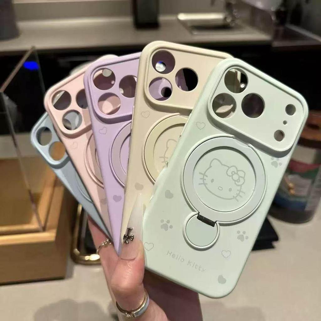 Magnetic Liquid Silicone Case for Apple 17 Pro - KT Cat Cartoon Shell with Bracket Protective Cover