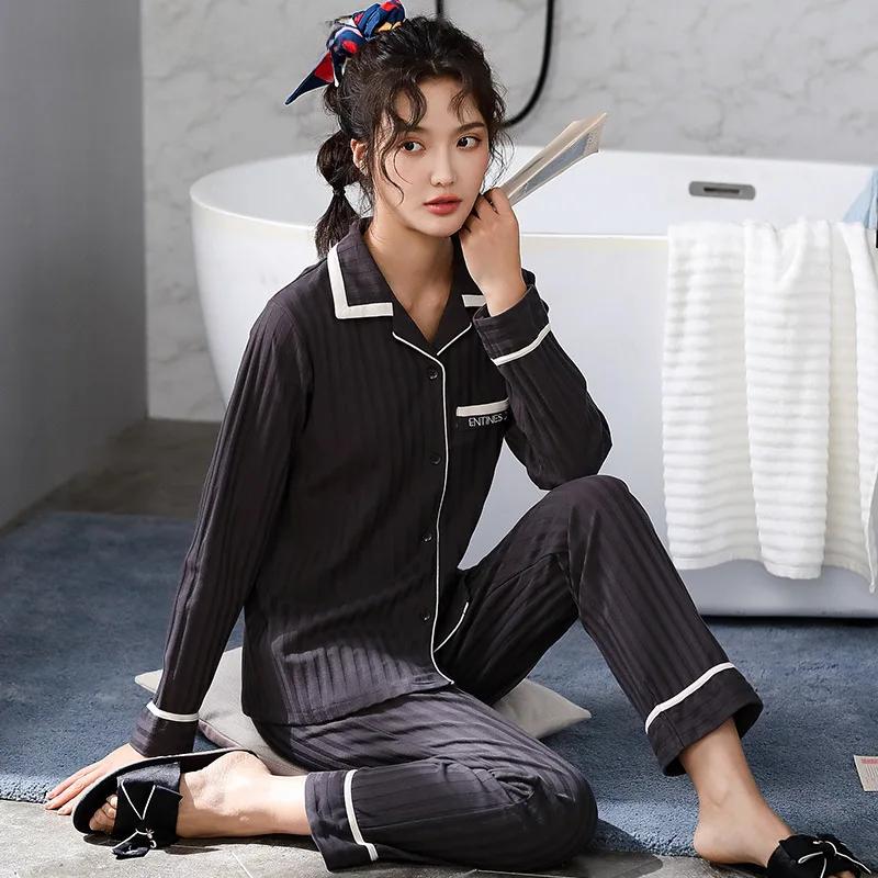 Ladies' 100% Cotton Long Sleeve Pajama Set Spring/autumn Thin Style Winter Warm Homewear Suit