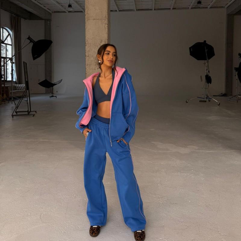Women's Clothes Double-sided Color Matching Contrasting Hooded Zipper Cardigan Trousers Two-piece Set