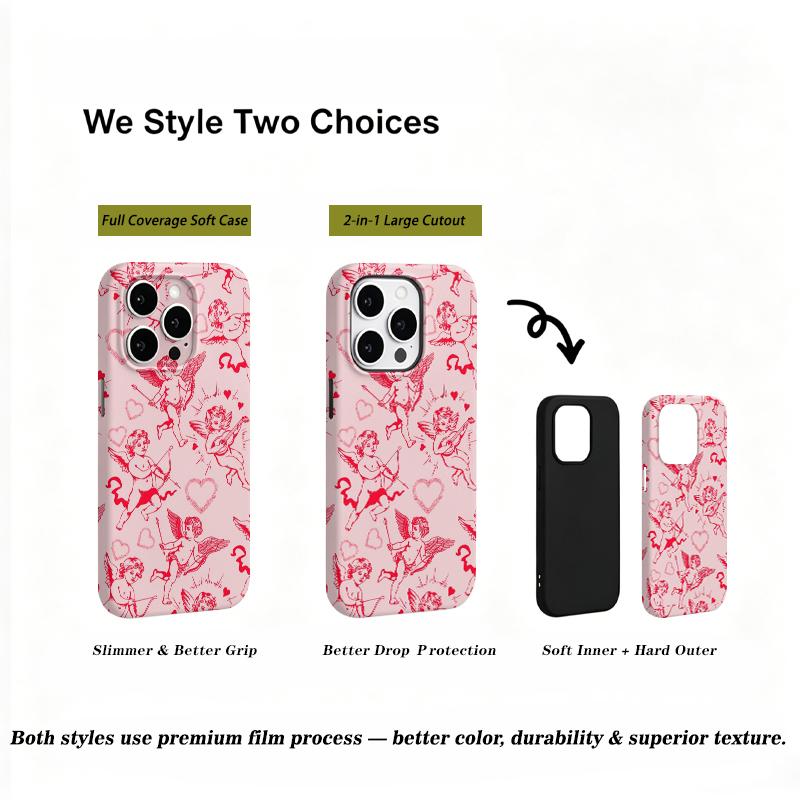 Light Pink Red Cupid Angel Heart Line Print Soft Silicone Shockproof Phone Case Romantic Valentine Gift For iPhone 17 16 15 14 13 12 11 Pro Max Mini