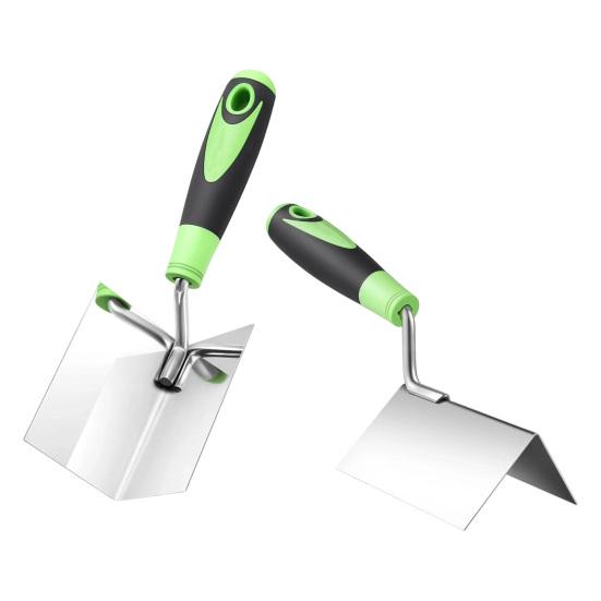 2Pcs Stainless Steel Drywall Corner Trowel with Soft Grip Handle Interior Exterior Corner Blades Ergonomic Anti-Slip Rubber Handle Masonry Corner Tool