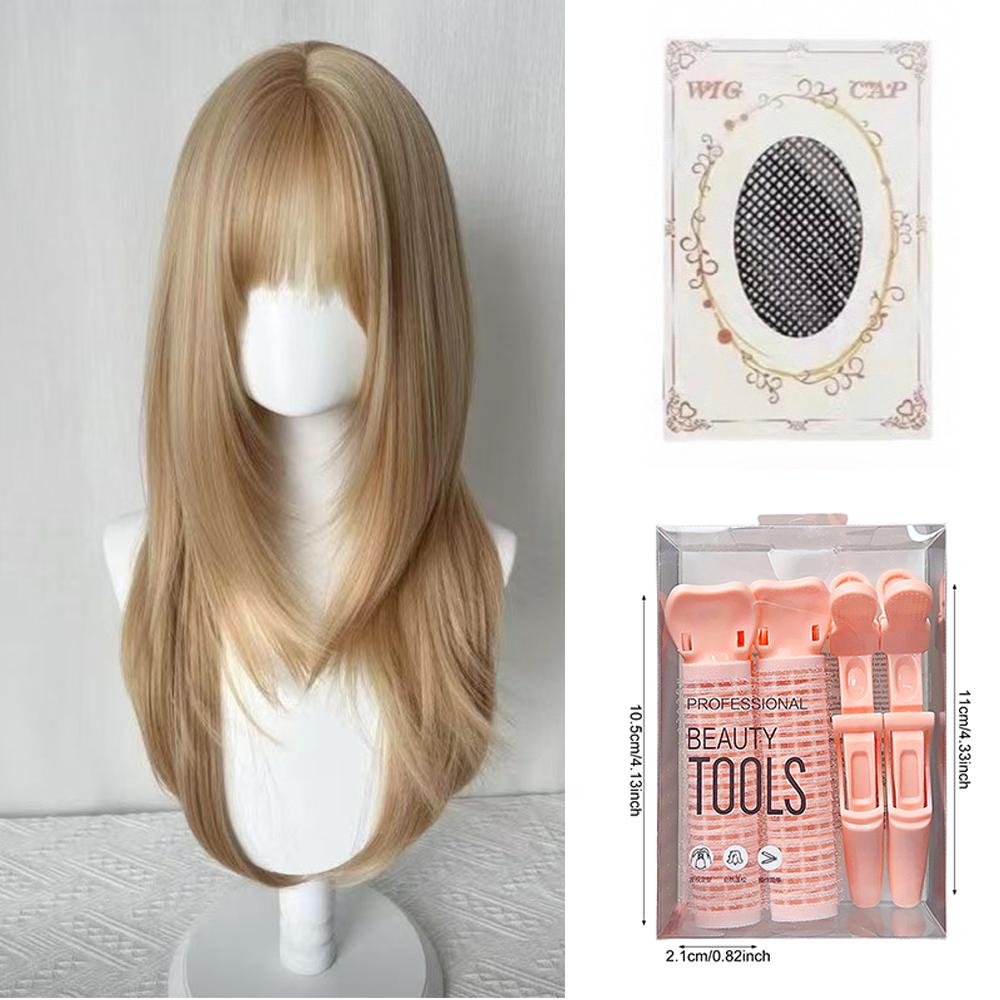 Flax Gold Synthetic Wig with Bangs Long Straight Hair High-Layered Lolita Wigs for Women's Daily Cosplay Wig Heat Resistant