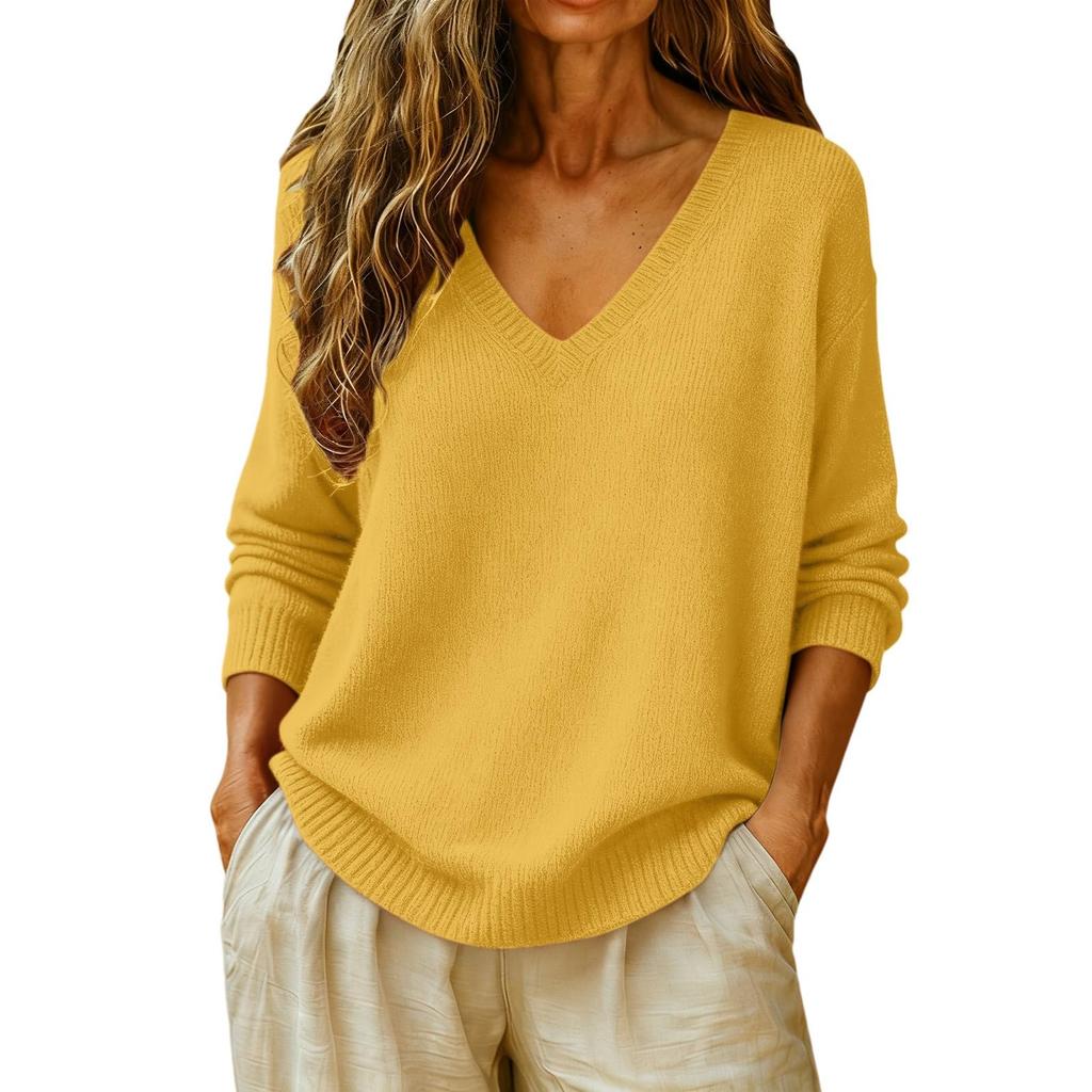Women's Casual V-Neck Sweater Long Sleeve Loose Fit Color Knit Top
