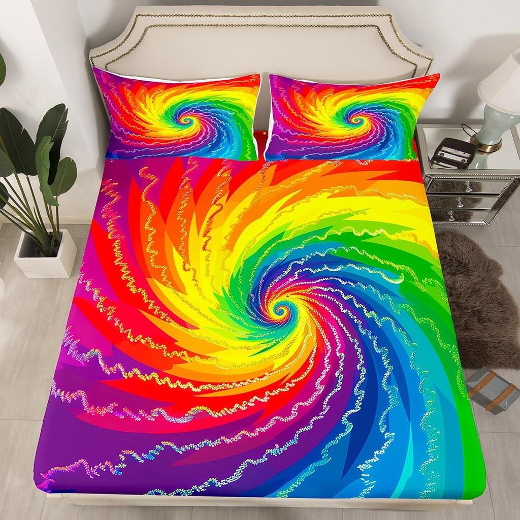 Rainbow Fitted Sheet Double Size and Pillow Case 2 Pcs, Colorful Rainbow Cartoon Fitted Sheet Set with 30cm Pocket for Kids