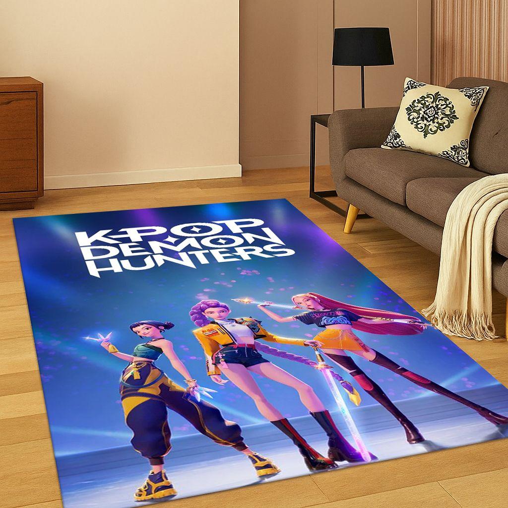 Kpop Demon Hunters Rumi Mira Zoey Hudební Kreslený Koberec Kobereček do Ložnice Obývacího Pokojí Gauče Domácí Dekorace, Protiskluzová Podložka na Podlahu Dárek
