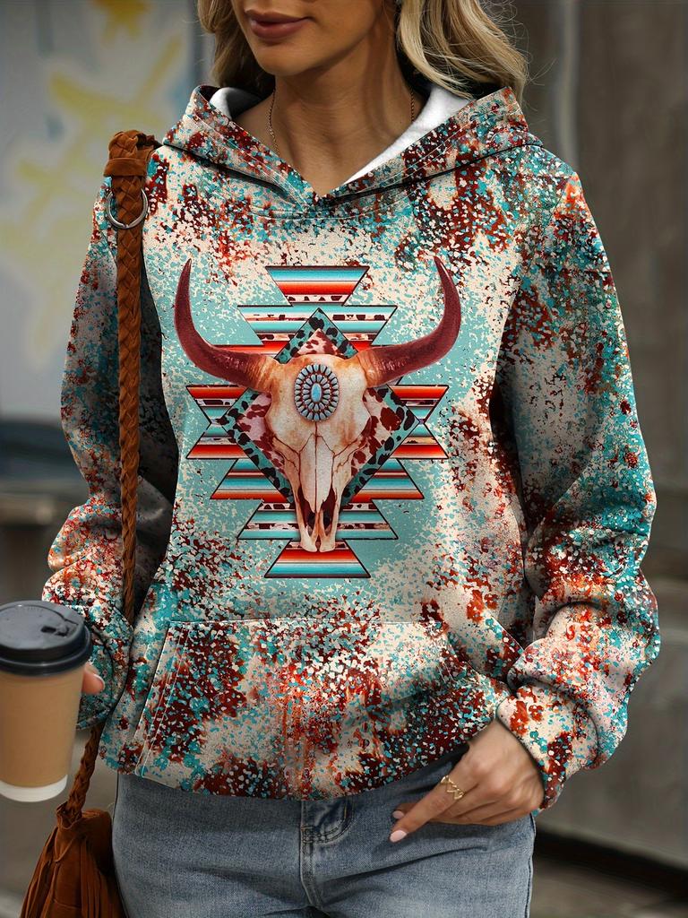 Vintage-Inspired Western Print Sweatshirt - Soft, Casual, Drawstring Hoodie with Pocket for Women Long Sleeve Pullover Design