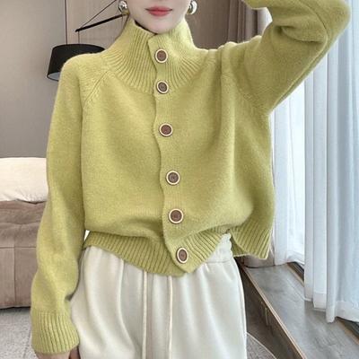 Automne Hiver Couleur Unie Col Montant Cardigan Top Boutonnage Simple Femme Mode Décontractée Pull Manteau Tout-Allant