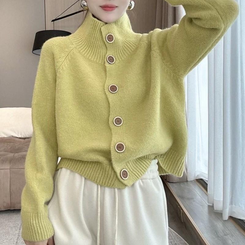 Autumn Winter Stand Collar Solid Color Casual Fashion Knitting Top Women Simple All-match Cardigan Coat Top