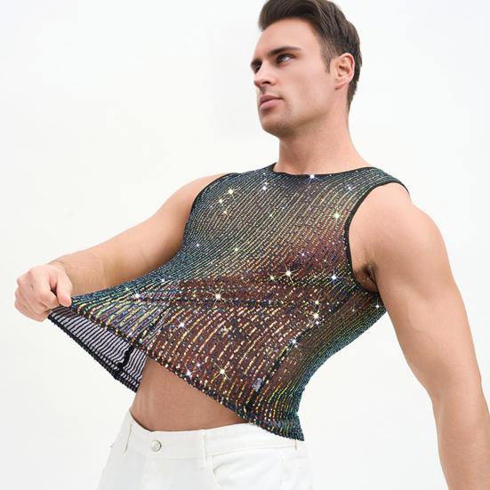 Herren Pailletten Weste Funkelnd Rundhals Ärmellos Shirt Durchsichtig Sexy Tanktop für Musikfestival Rave Nachtclub Bar Party