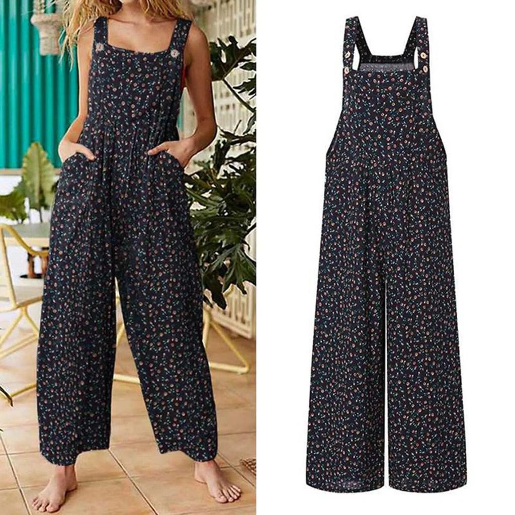 Summer Women Casual Loose Flower Print Jumpsuits Women's Overalls Boho Sleeveless Square Collar Jumpsuits