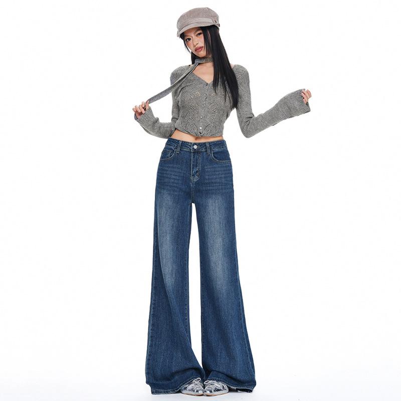 American retro blue non-stick leg slightly pulled jeans women's autumn new high-waisted loose wide-leg flared pants