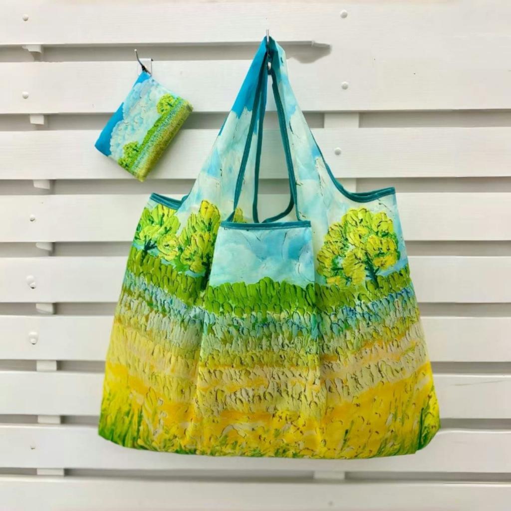 Large Foldable Shopping Bag Fashion Oil Painting Reusable Grocery Storage Bag Oxford Portable Shoulder Handbag Tote Bag