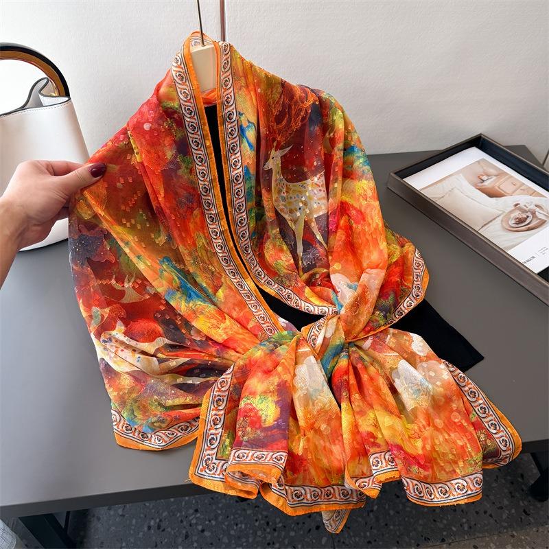 Qilu Painting Printing Flower Cutting Spring and Summer Silk Scarf Large Long Scarf High-end Travel Shawl Sun Protection Women's Scarf Headscarf