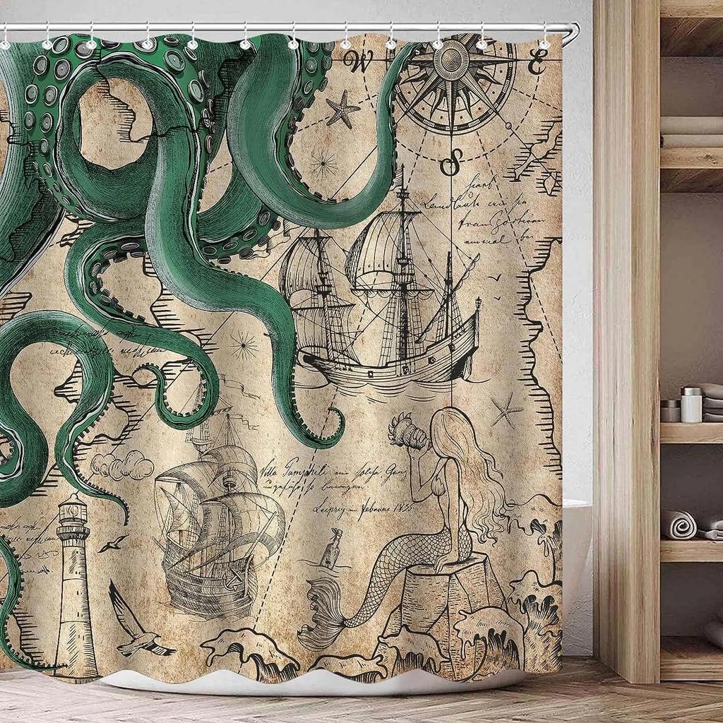 Funny Octopus Shower Curtains Marine Animal Mermaid Sailboat Vintage Nautical Map Bath Curtain Fabric Bathroom Decor with Hooks