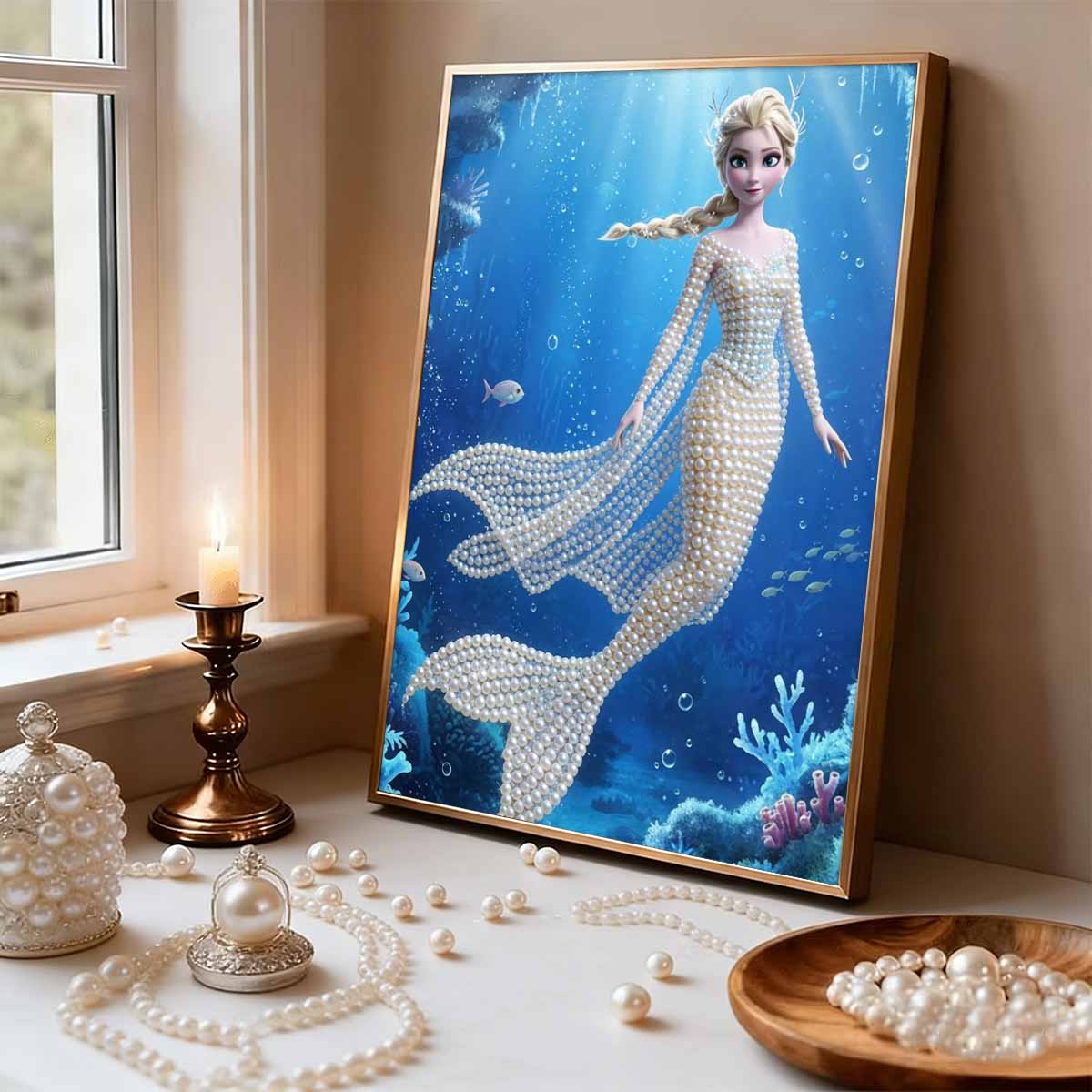 Mermaid Underwater Elsa New Pearl-Inlaid Frameless Art | Handmade Pearl Craft, Deep Sea Coral & Fish Theme, for Ocean Fairy Tale Home Decor 35x45cm