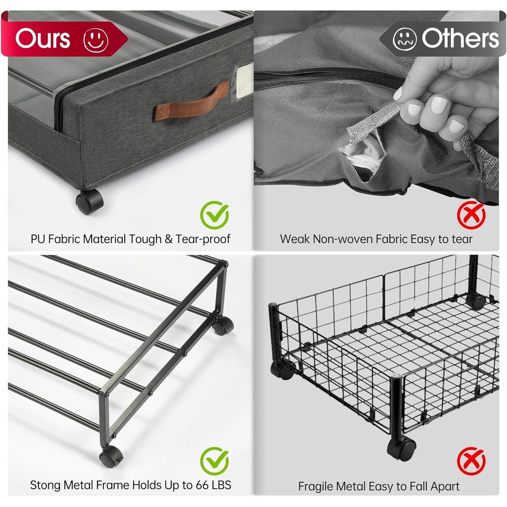 Under Bed Storage with Lockable Wheels Visible Window Under Bed Metal Drawers Large capacity Zipper Closure Home Organization