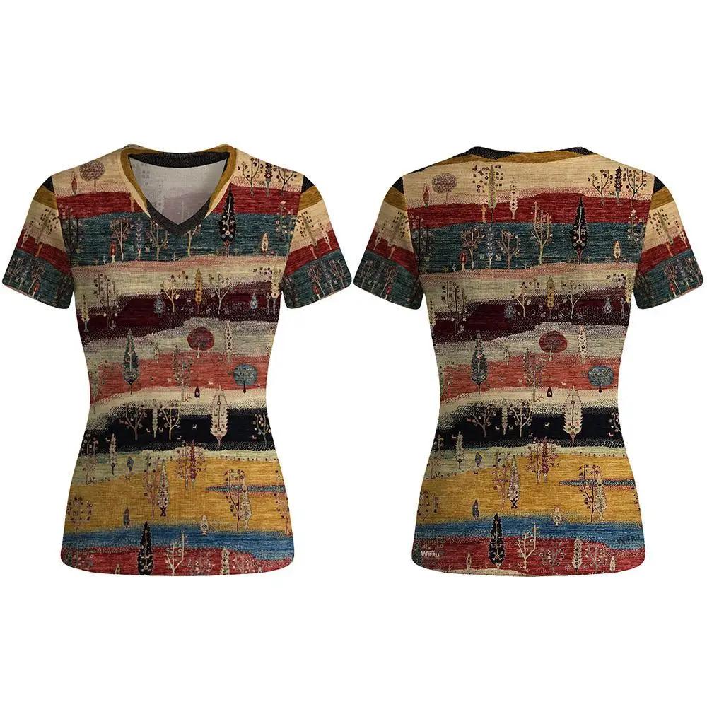 Bohemian-style Print Women's T-shirt Retro Ethnic Pattern V-neck Short Sleeve Tops Cozy Breathable Summer Vacation Casual Tee
