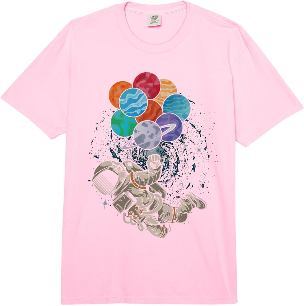 Astronaut Holding Planet Balloons Graphic TShirt Casual Short Sleeve Crewneck Tee for Men