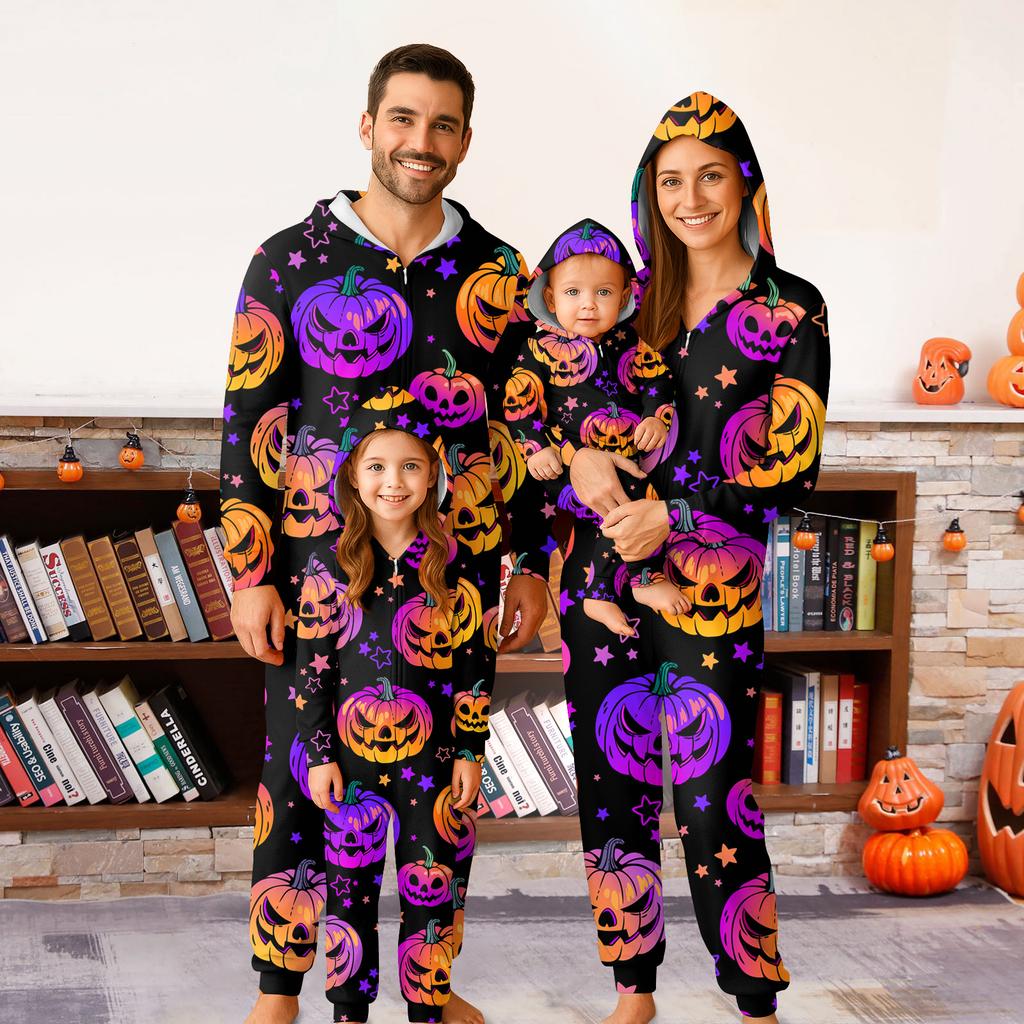 Halloween Printed Family Matching Hooded Long Sleeved Zippered Hooded Jumpsuit Set