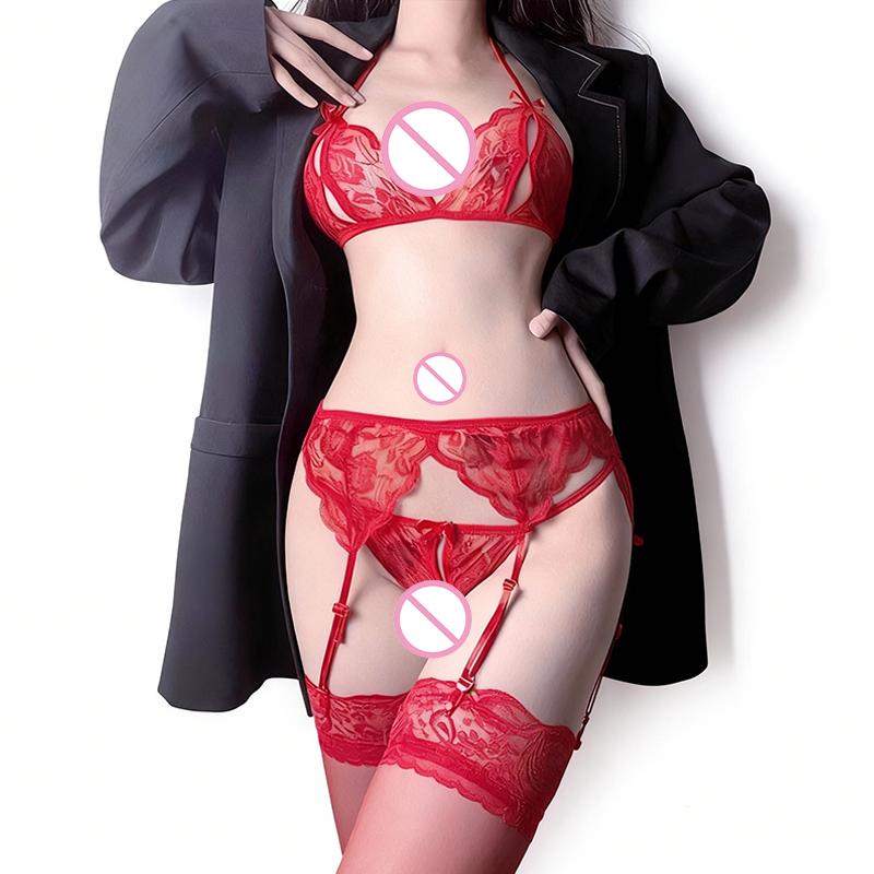 Lace Suspender Stockings Lingerie Seductive Bodysuit Crotchless Sexy Panties Garter Belt Set