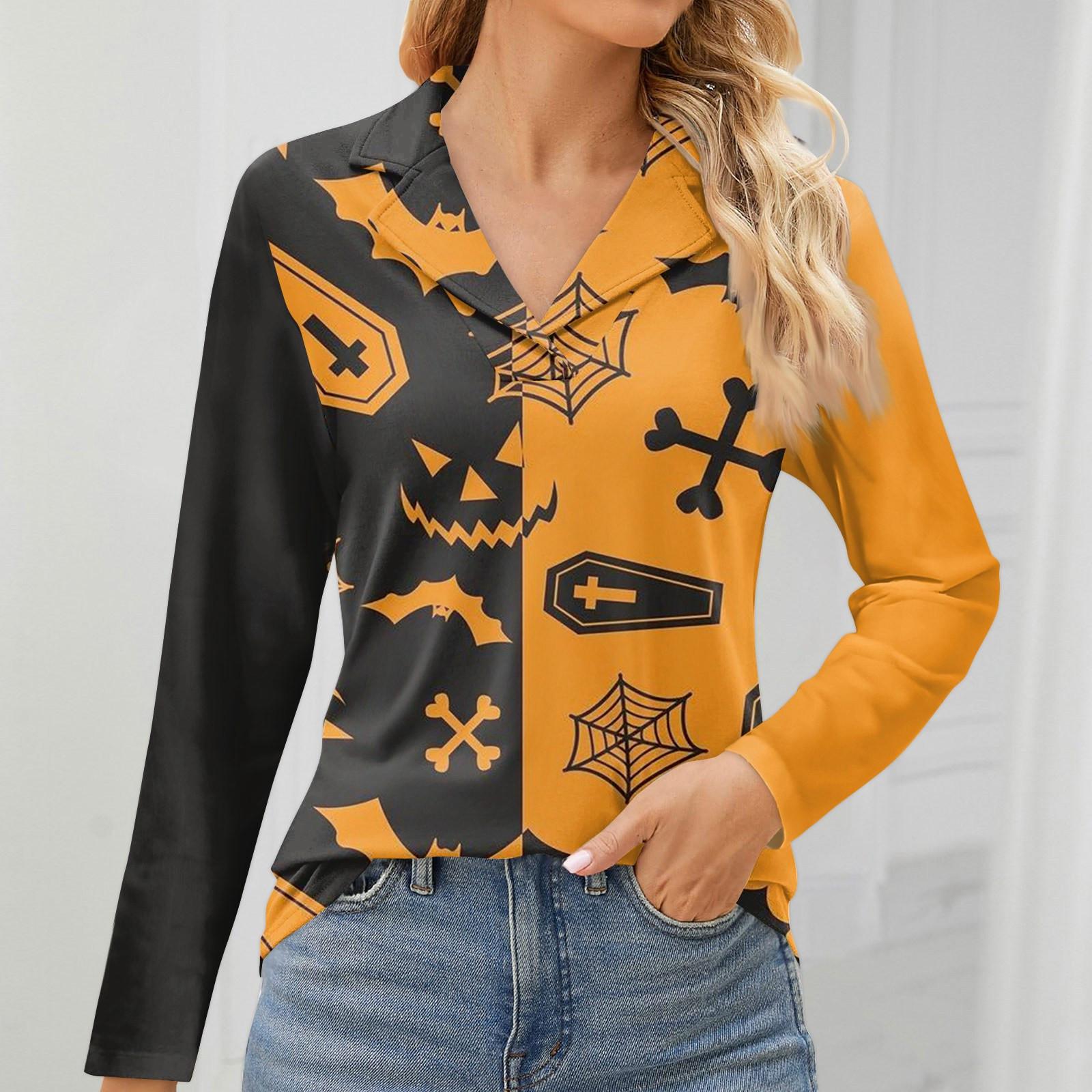 

Женская мода для отдыха с длинным рукавом и V-образным вырезом с принтом на Хэллоуин XS