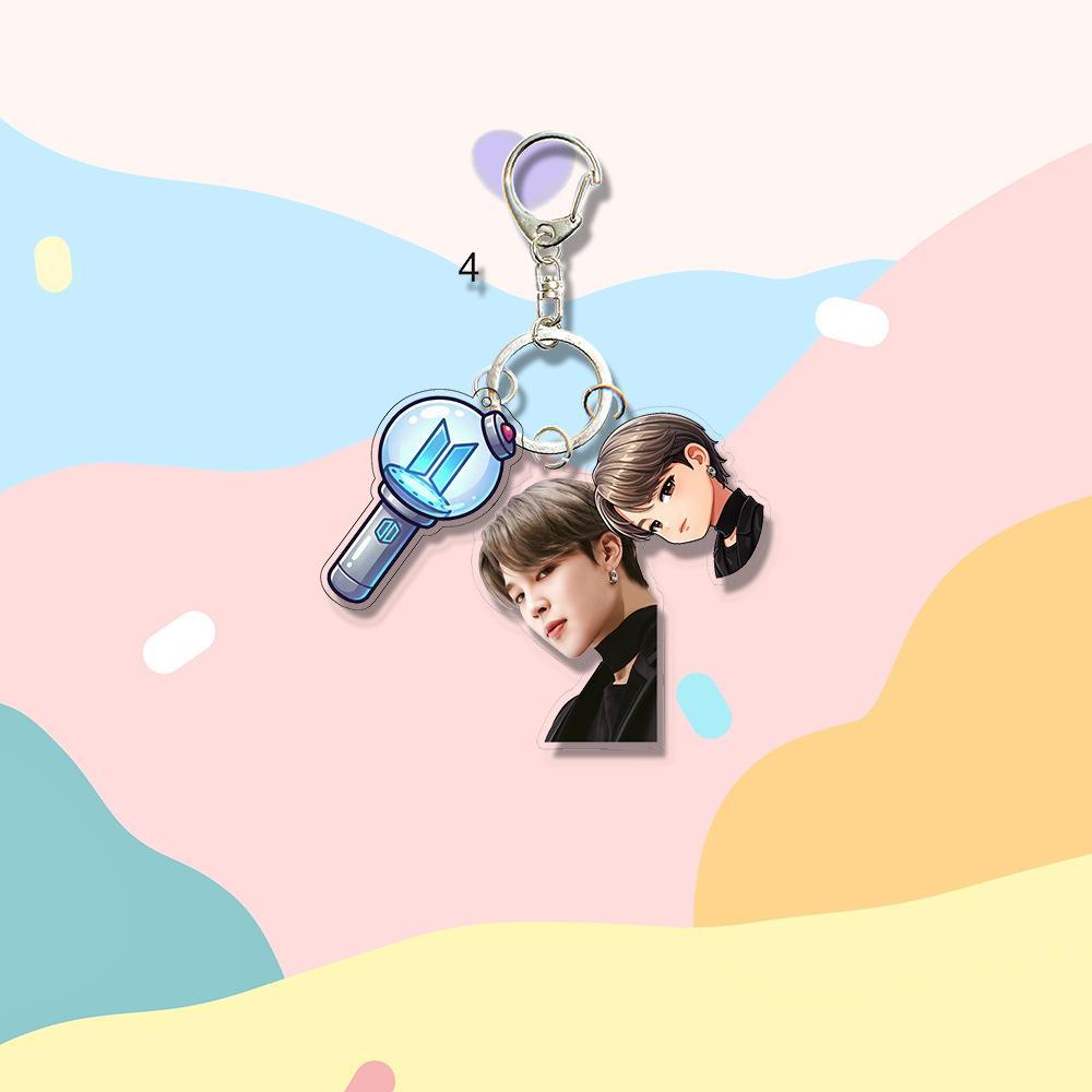 BTS Cute Triple Charm Acrylic Keychain, Bangtan Boys Real Photo, Cartoon Figure & Army Bomb Keyring, Kpop Idol Bag Pendant for ARMY Fans