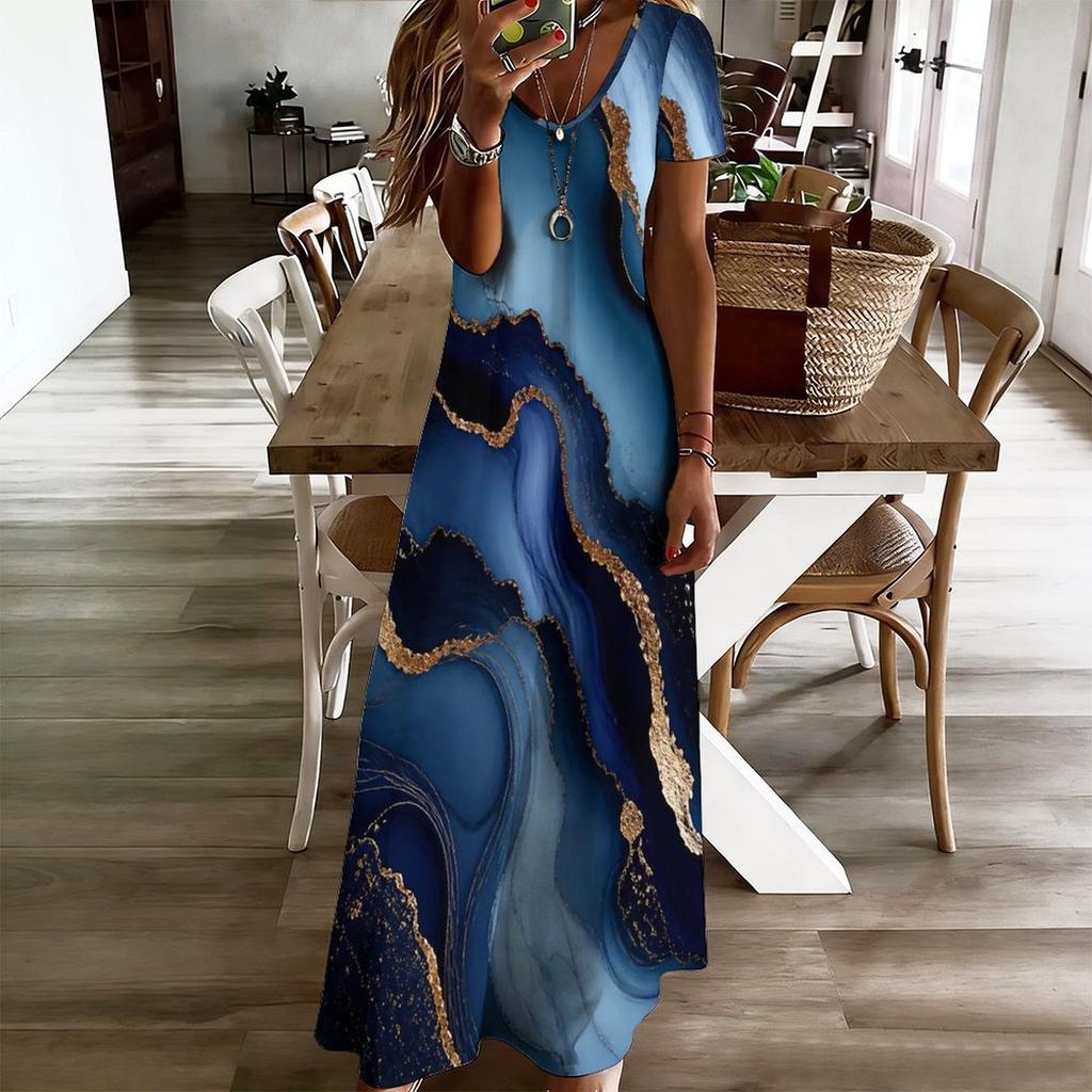 Women Plus Size V Neck Short Sleeve Printed Straight Maxi Dress