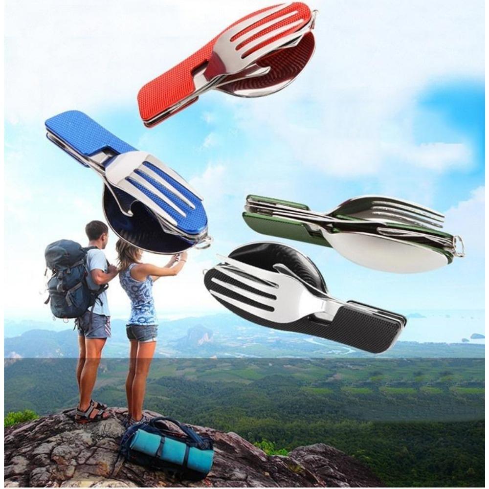 1PC Multifunction Outdoor Tableware Camping Stainless Steel Folding Pocket Kits