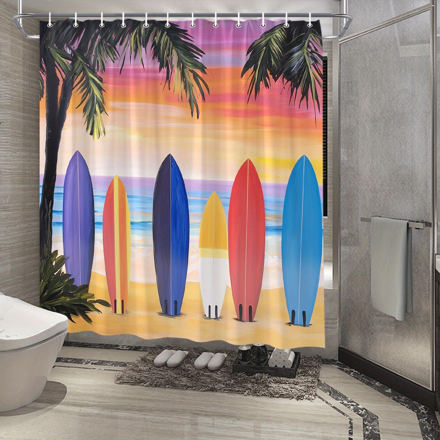 

Tropical Beach Scene Shower Curtain - Vibrant Surfboards & Palm Trees, Waterproof Polyester, Whimsical Bathroom Decor W90XH180cm