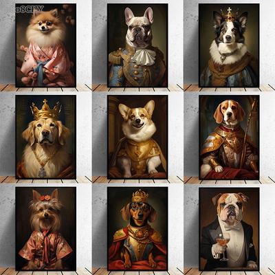 Hayvan Köpek Portre Sanatı Tuval Tablo Köpek Kral Giydirilmiş Komik Posterler ve Baskılar Duvar Sanatı Resimleri Ev Oturma Odası Dekoru için