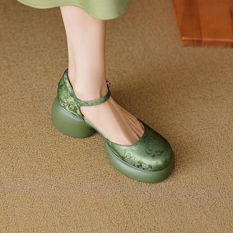 Thick-soled Bag Head Sandals Women's Leather Muffin One-word Buckle Shoes New Summer High-heeled Hollow Mary Jane Shoes