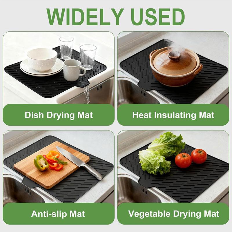 Silicone Dish Drying Mat Non-slipping Heat-Resistant Kitchen Hygienic Drying Pad Foldable Dish Rack Mat with Built-in Drain Lip