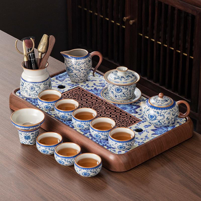 New blue and white Ru kiln Kung Fu tea set Household ceramic brewing teapot teacup drainage water storage tea tray