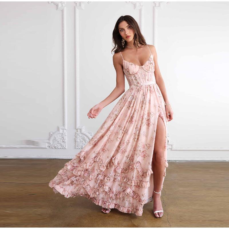 

Жіноча сукня з квітковим принтом, на тонких бретельках, з акцентом на талії, зі спідницею-розрізом, для пляжу, подорожей, літній новий образ, талія, темперамент, довгі жіночі сукні XL рожевий