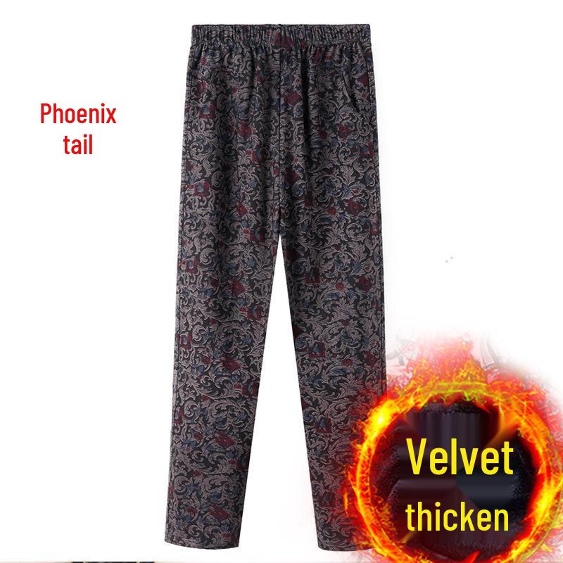 Women's Fleece-Lined Pants, Loose Straight Leg for Middle-Aged/Elderly, Patterned Plus Size, Mom's Style, Fit for All Seasons (Spring, Autumn, Winter)