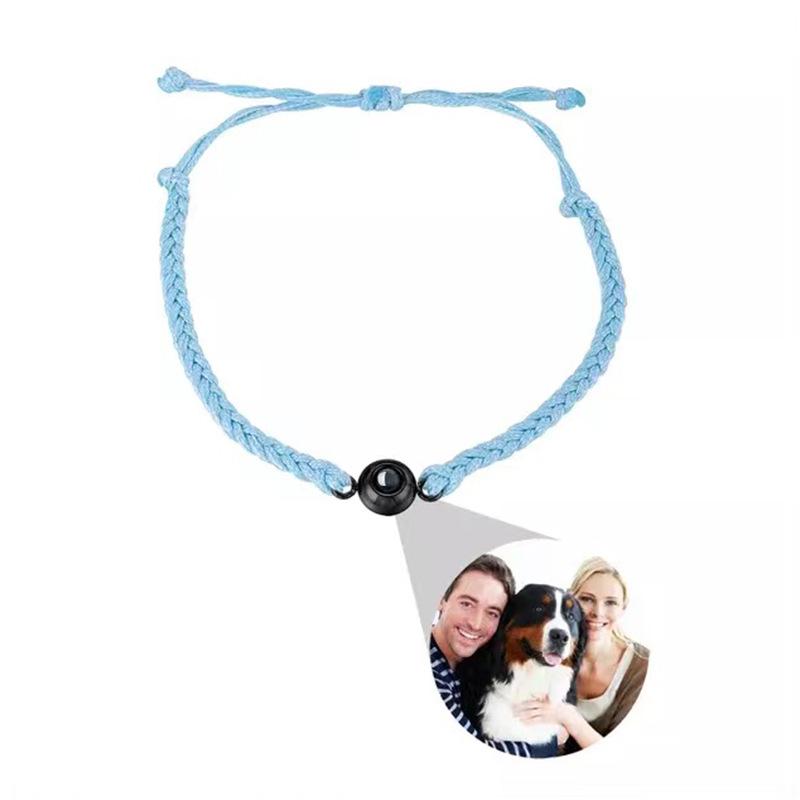 Custom Photo I Love You Projection Bracelet: 100 Languages, Titanium Steel, Woven Rope, Round Bead