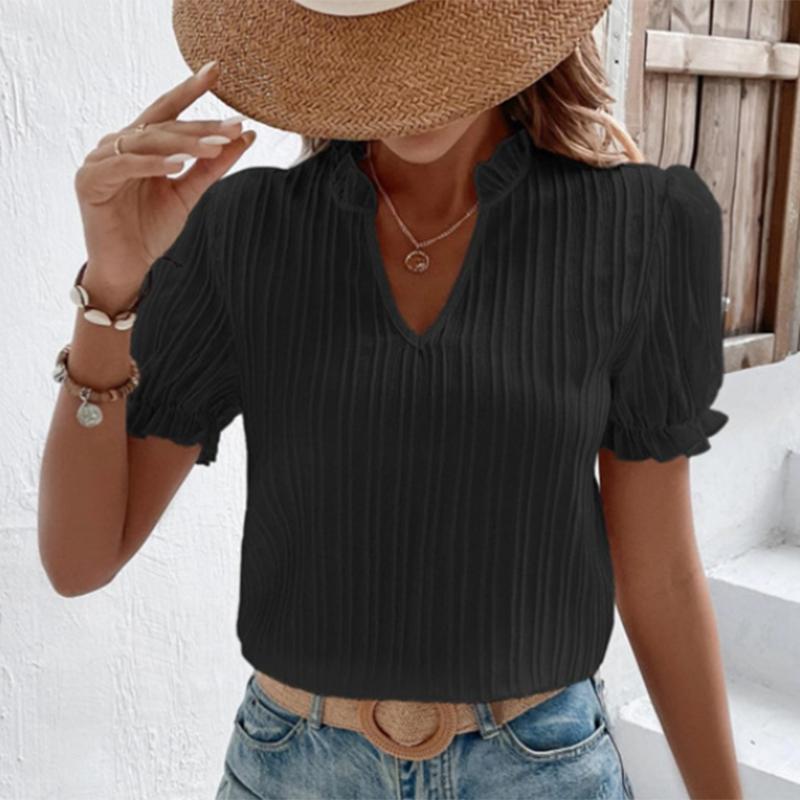 2023 Yaz Kısa Kollu Beyaz Gömlek Kadın Vintage Katı V Yaka Gevşek Gömlek Casual Zarif Dantel Bluz Moda Giyim 28006