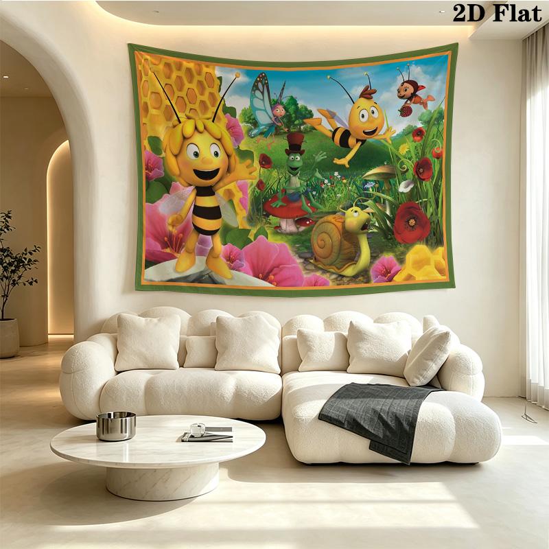 Maya the Bee Tapestry, Cartoon La Abeja Maya & Friends Honeycomb Print Wall Hanging for Kids Bedroom Home Decor