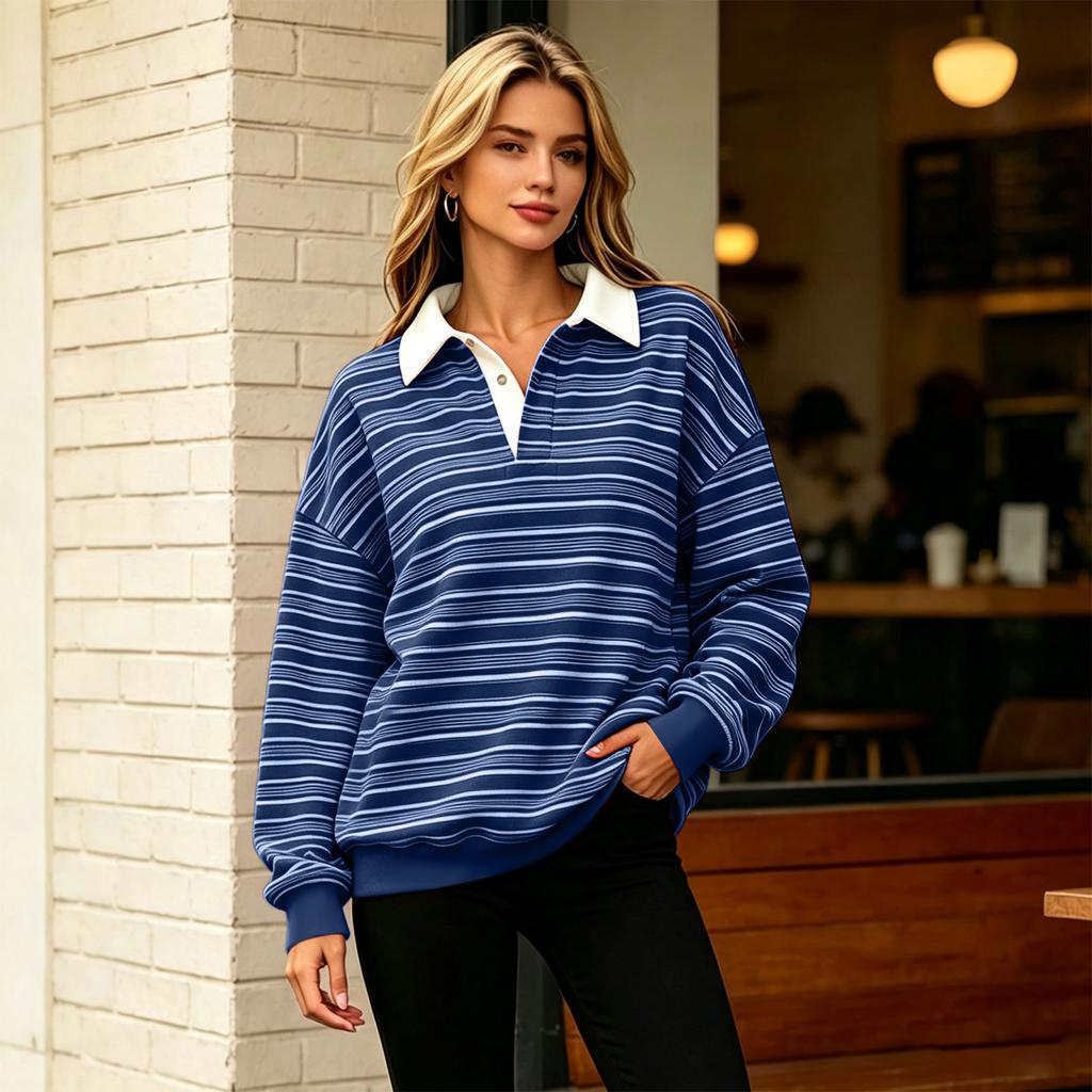 Women's Trendy Long Sleeve Striped V-Neck Casual Tee Shirt Versatile Pullover Top