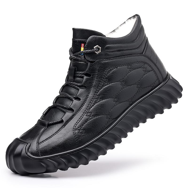 

Cotton shoes men s 2024 winter fur integrated thickened warm snow boots piled thickened high-top fashion non-slip leather boots 38 чёрный