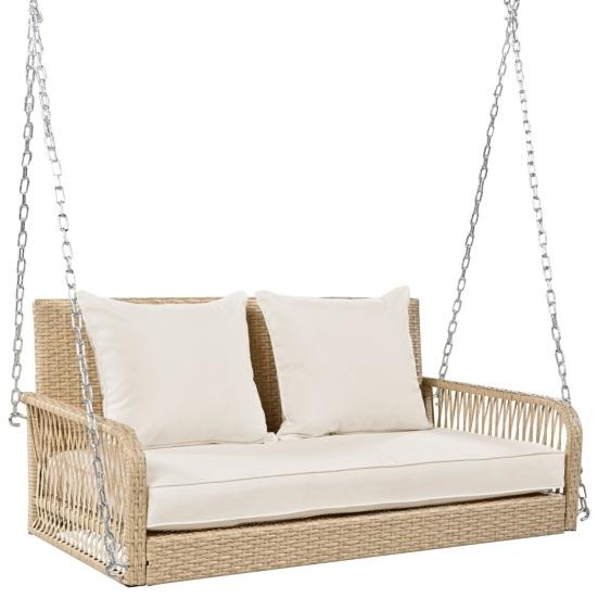 Metallketten-Schaukelstuhl mit Sitz- und Rückenpolstern Rattan-Geflecht Doppelsitze Waschbar Garten-Hänge-Schaukel-Lounge Zuhause