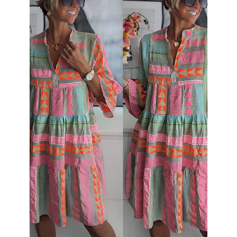 Printed V-neck Seven Quarter Sleeve Dress Print V-neck 3/4 Sleeves Dress